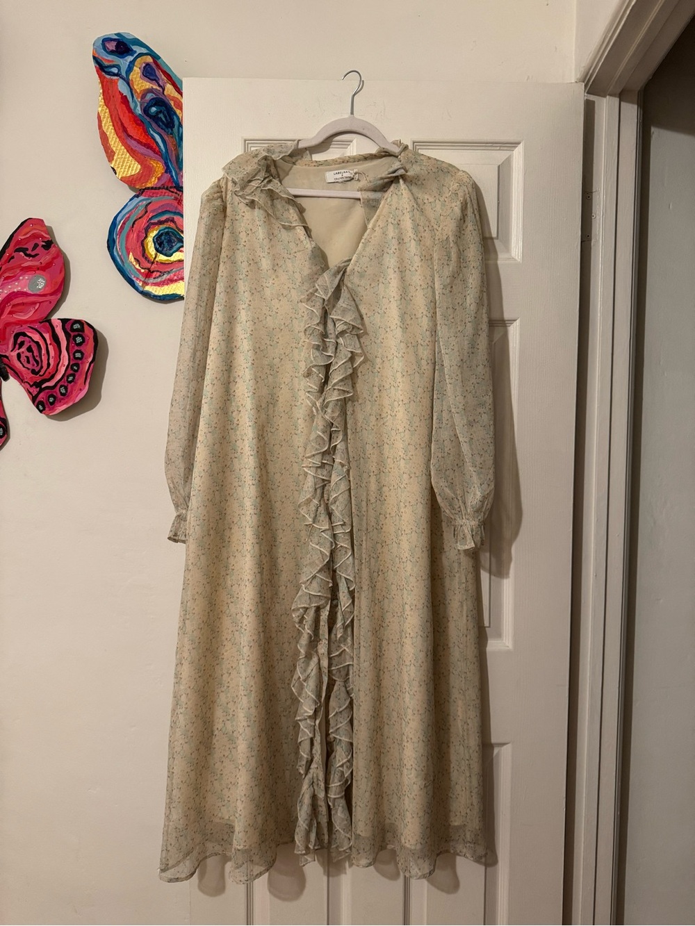 Vintage-Inspired Floral Long Sleeve Button Down Flowy Layered Ruffle Midi Dress